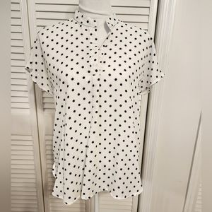 W5 Hi-Low Hem V-Neck Short Sleeve Blouse Ladies Size Medium, White w/ Black Dots
